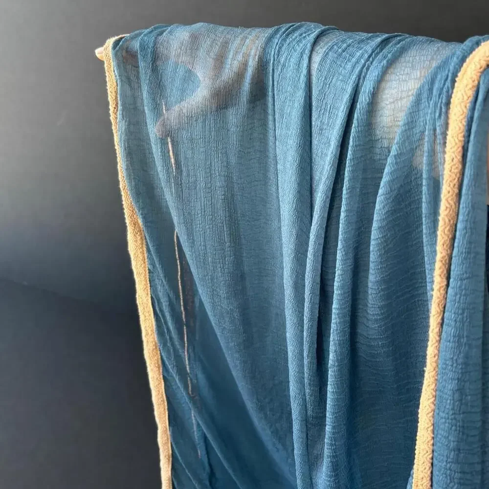 Vintage Boho Sheer Open Knit Scarf Peachy Nude Trim Blue Shawl Wrap